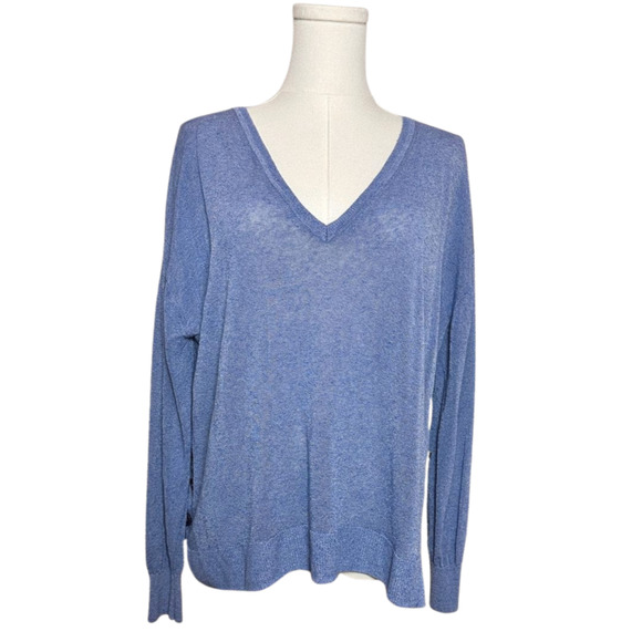 J.CREW Sweaters - J Crew Women's Blue Deep V Neck Linen Button Hem Long Sleeve Sweater Large